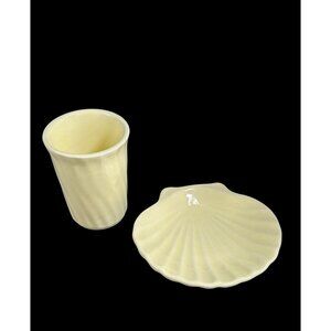 Vintage California Pottery Pale Yellow Shell Bathroom Drinking Cup and Soap DIsh